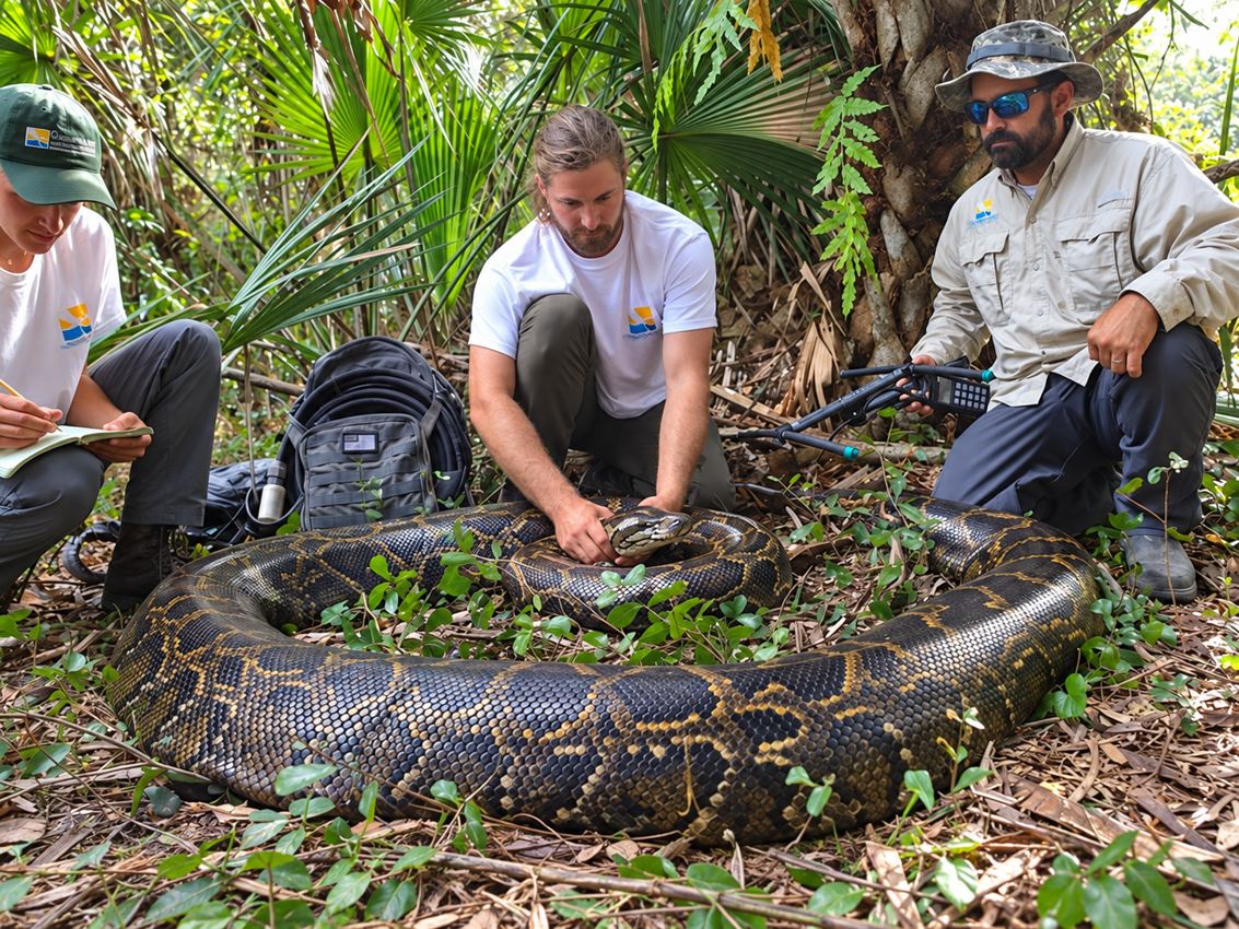 Des spécialistes observent un grand serpent dans la végétation