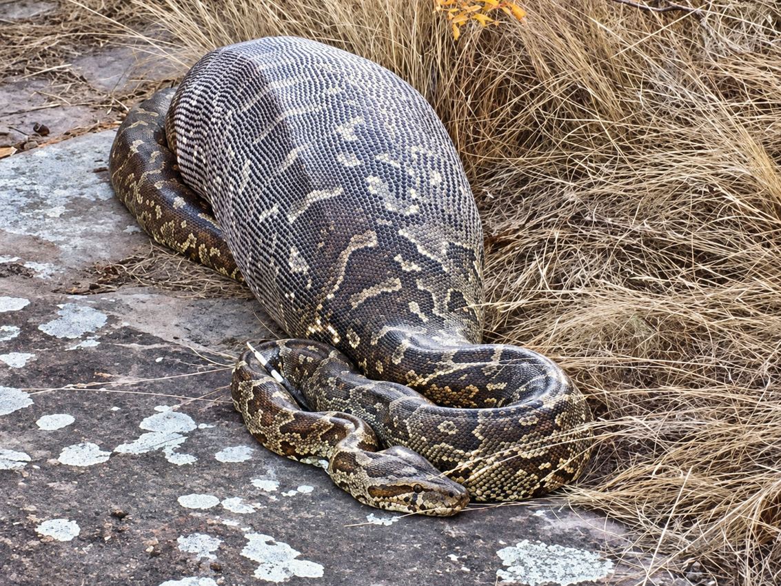 Grand serpent enroulé près d’herbes sèches